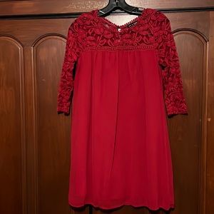 As U Wish Cute Red Dress With Rose Lace Top & Sleeves Size Small